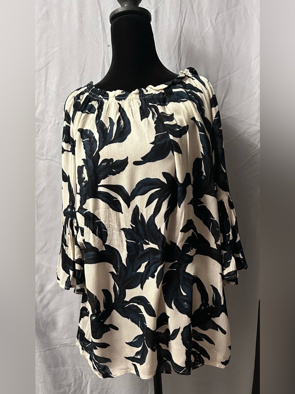 Elan Cream Off the Shoulder Tunic with Navy Botanical Print